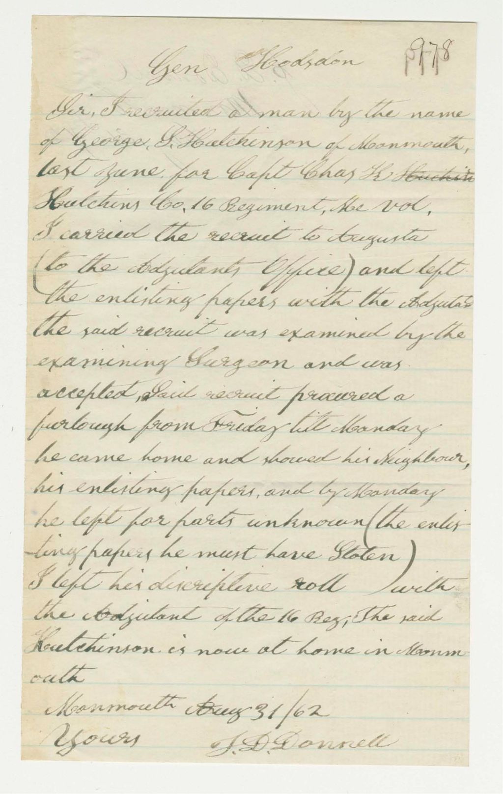 Miniature of J.D. Donnell writes regarding George Hutchinson