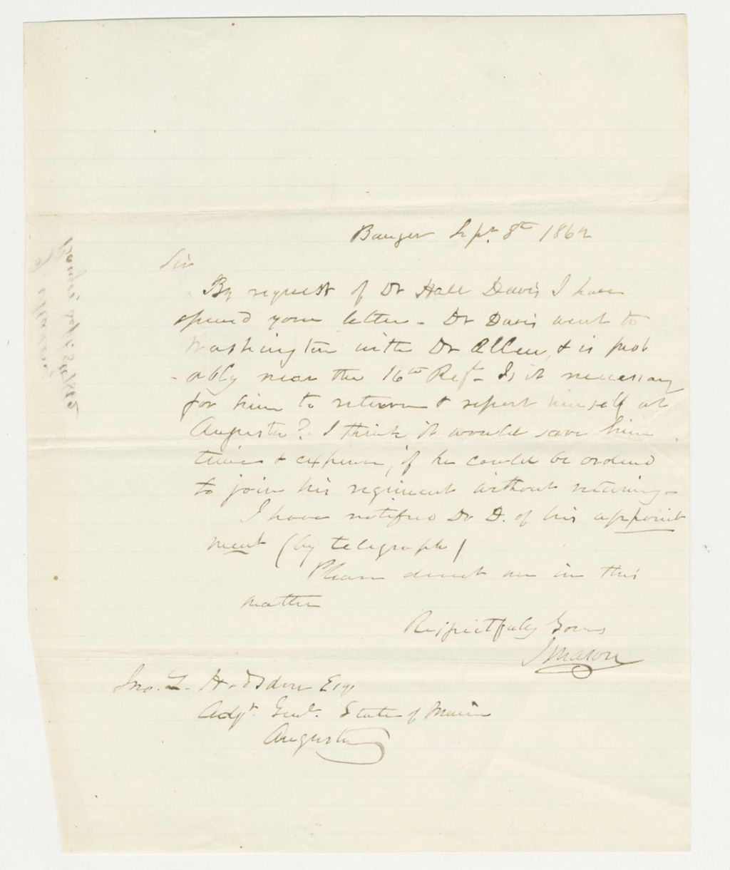 Miniature of J. Mason asks that Dr. Allen report to the regiment without going to Augusta