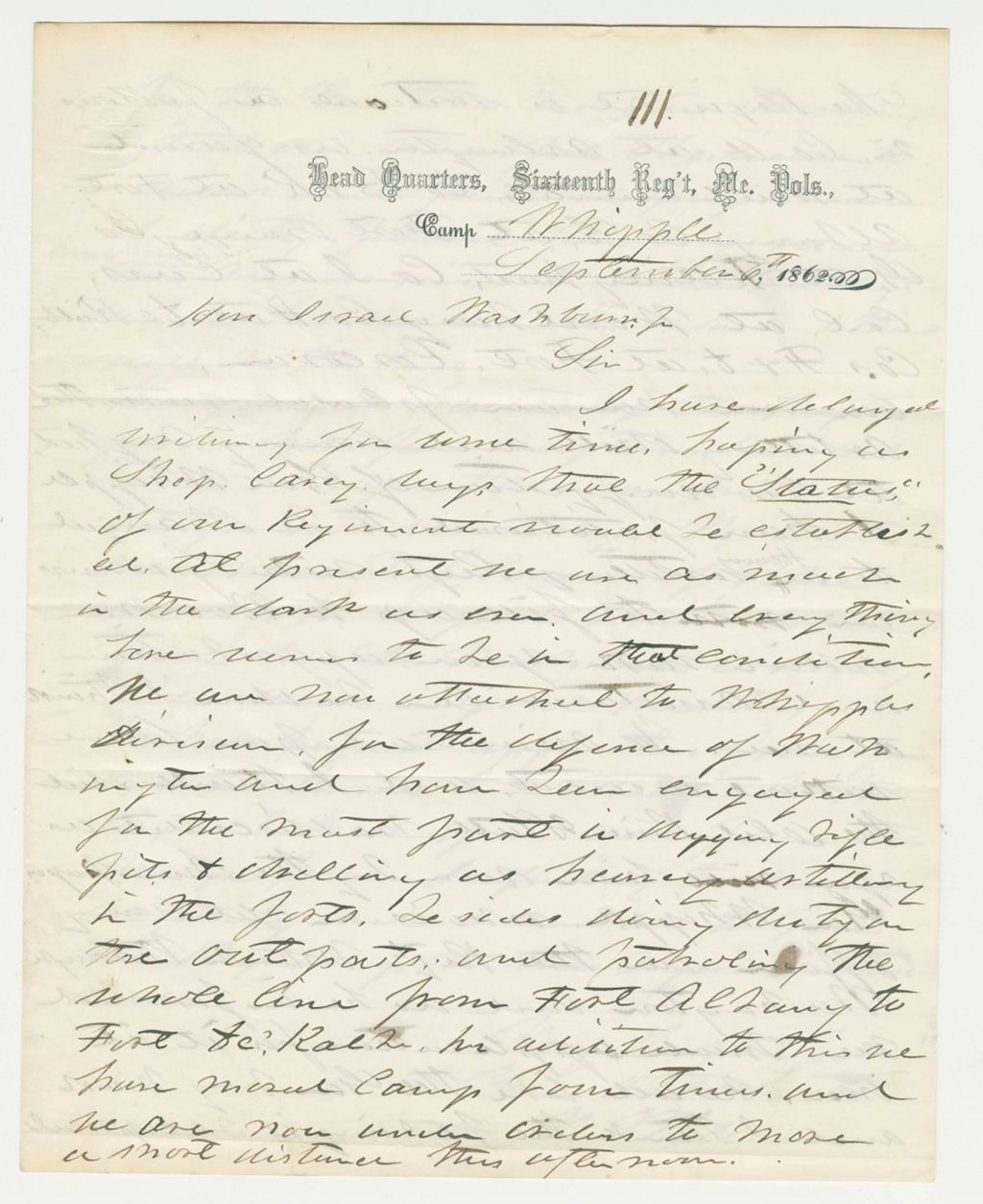 Miniature of Colonel Wildes writes Governor Washburn of his concerns about the regiment