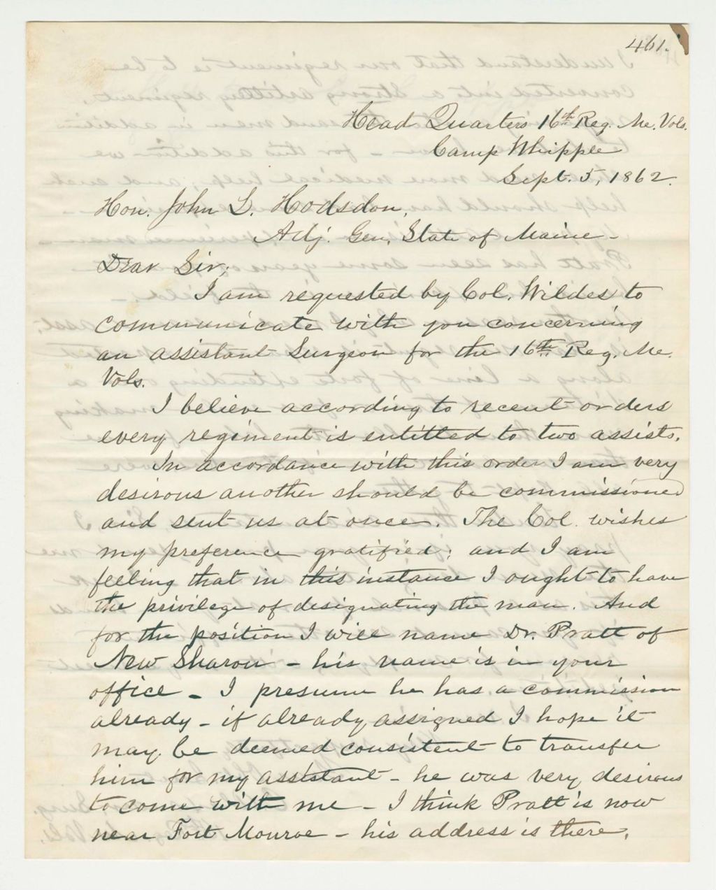 Miniature of Surgeon Charles Alexander requests Dr. Pratt be appointed as his assistant
