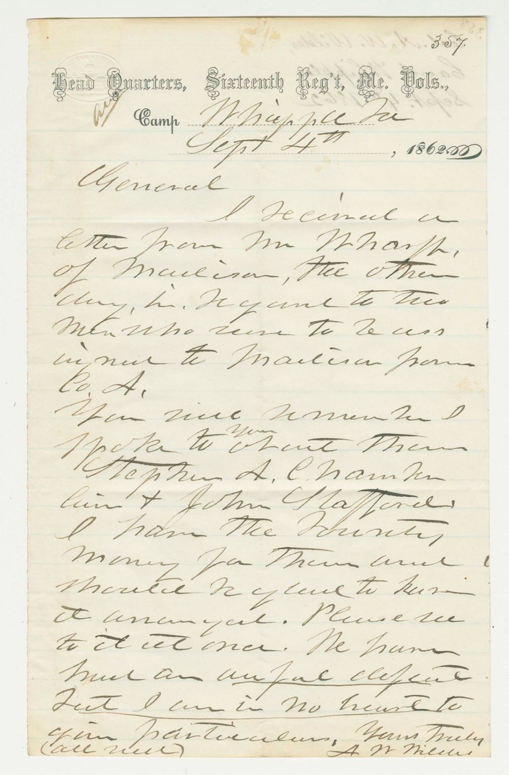 Miniature of Colonel Wildes writes regarding Stephen A. Chambers and John Stafford