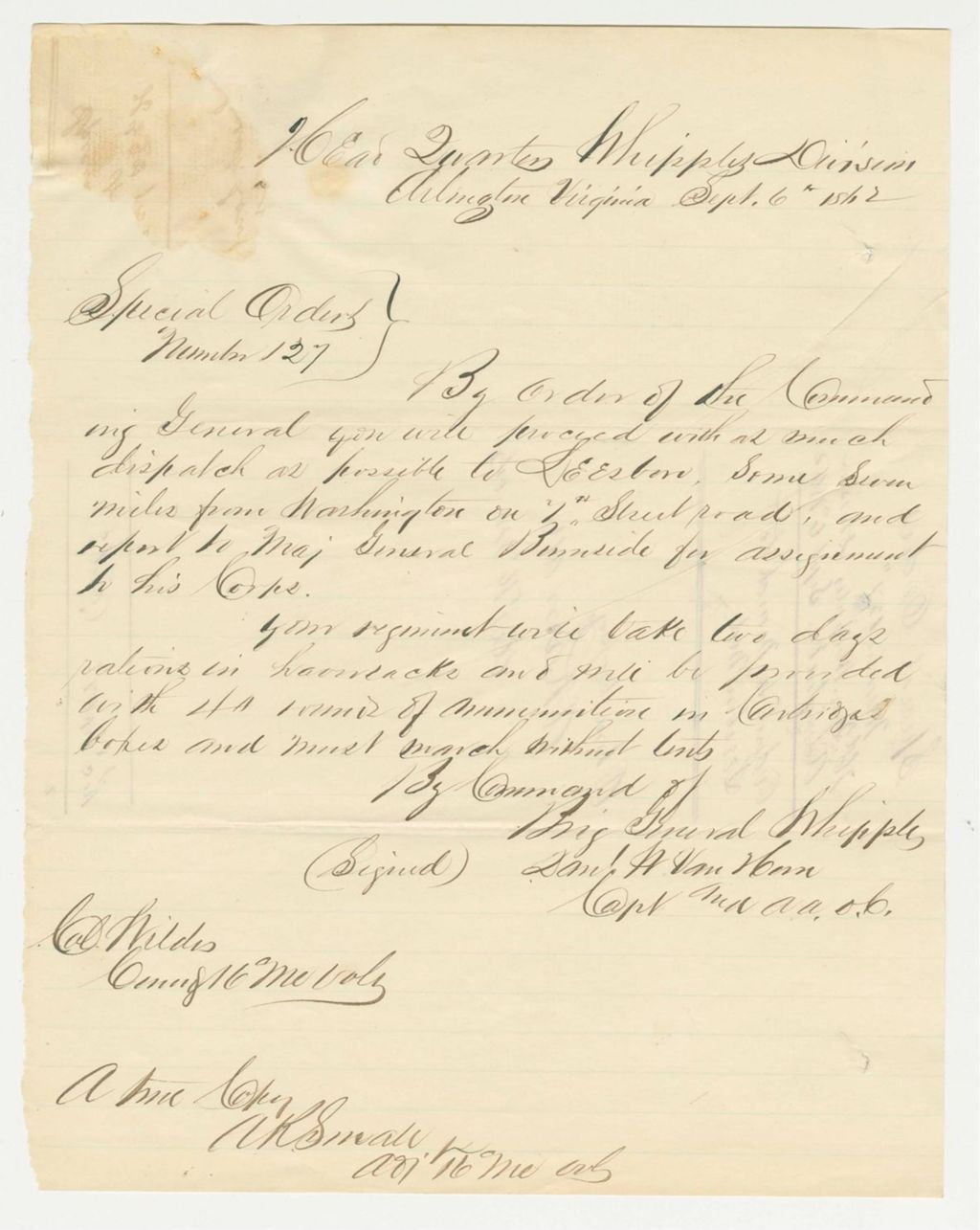 Miniature of Special Order 127 ordering Whipple's Division to march to Lisbon, Maryland