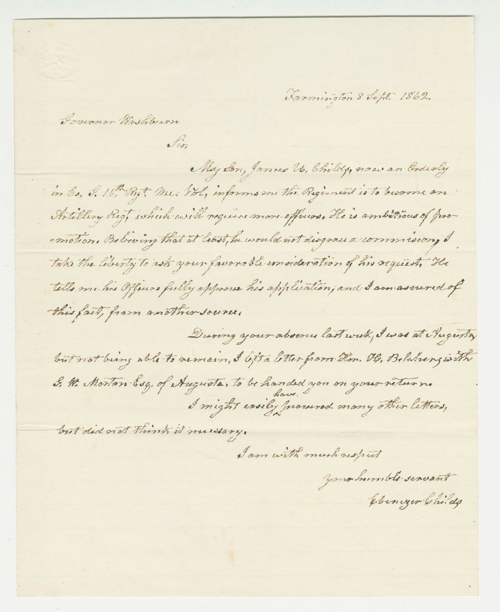 Miniature of Ebenezer Childs requests his son James receive an officer's commission