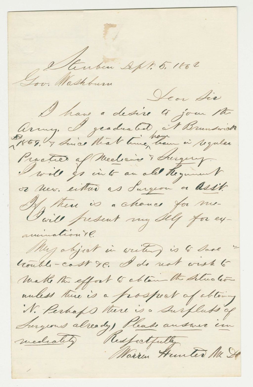 Miniature of Dr. Warren Hunter requests position as surgeon or assistant surgeon