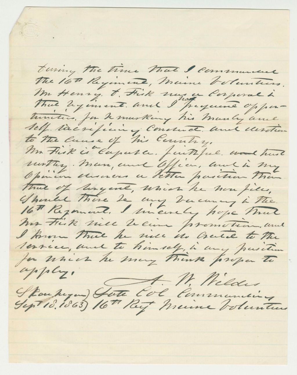 Miniature of Colonel Asa Wildes recommends Henry Fisk for promotion