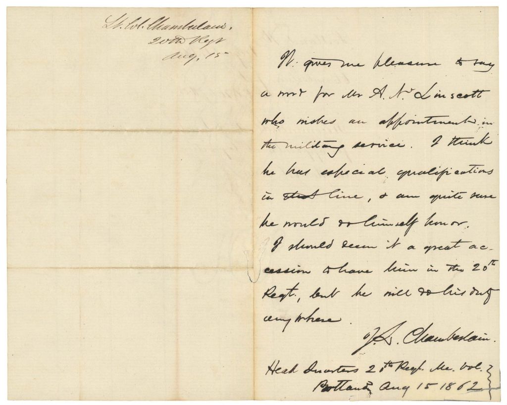 Miniature of Chamberlain recommends A.N. Linscott for an appointment