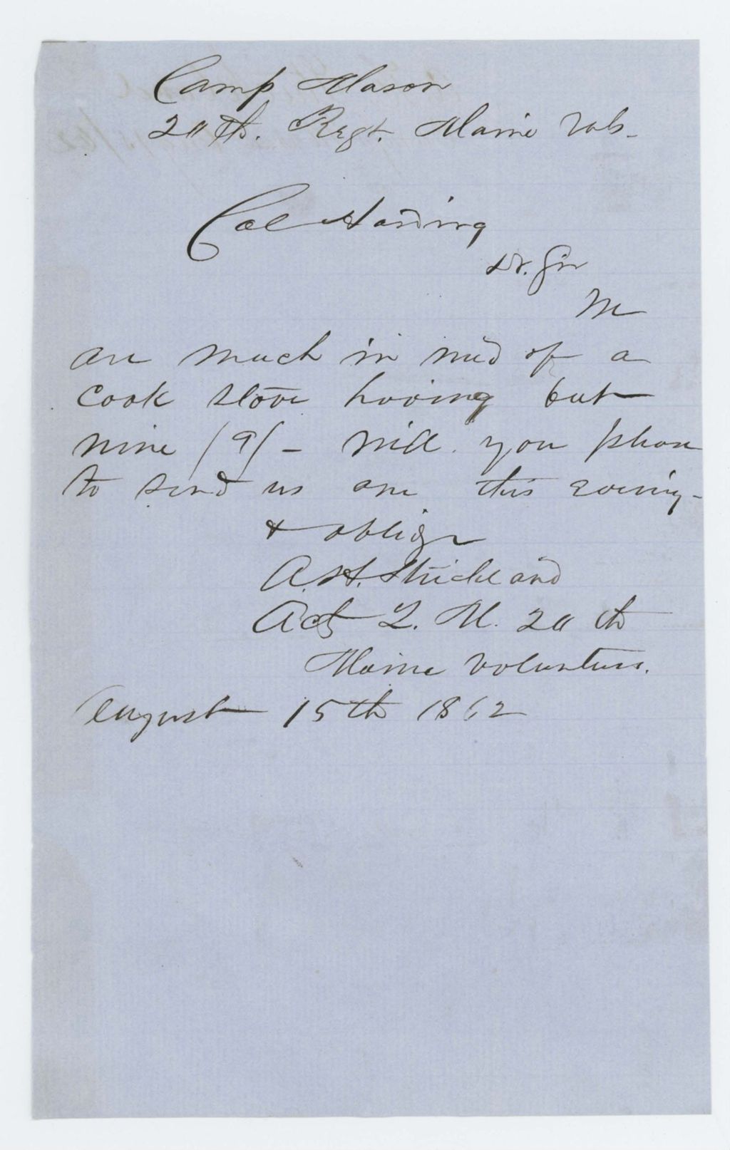Miniature of A.H. Strickland requests a cookstove for the regiment