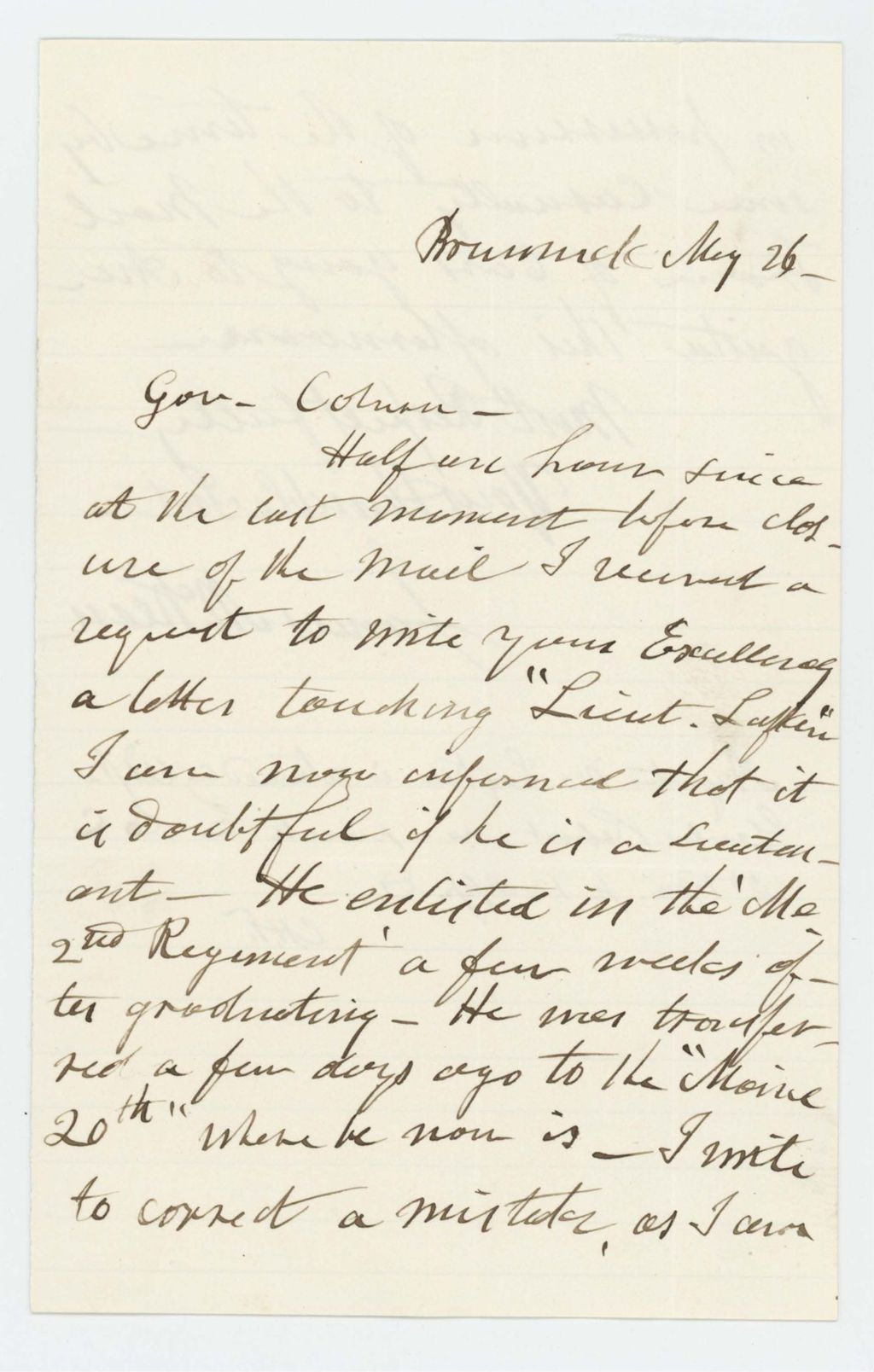 Miniature of Undated (circa 1863)  - James McKeen writes to Governor Coburn regarding Lieutenant Lufkin