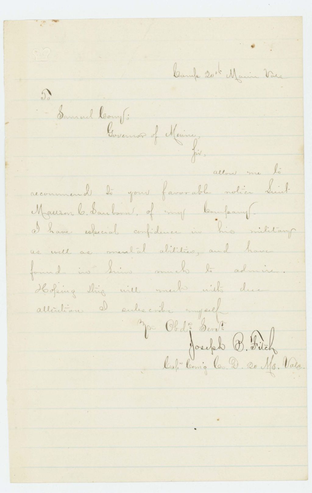 Miniature of Undated (circa 1864) - Colonel Joseph B  Fitch writes to Governor Cony regarding Morrison C. Sanborn