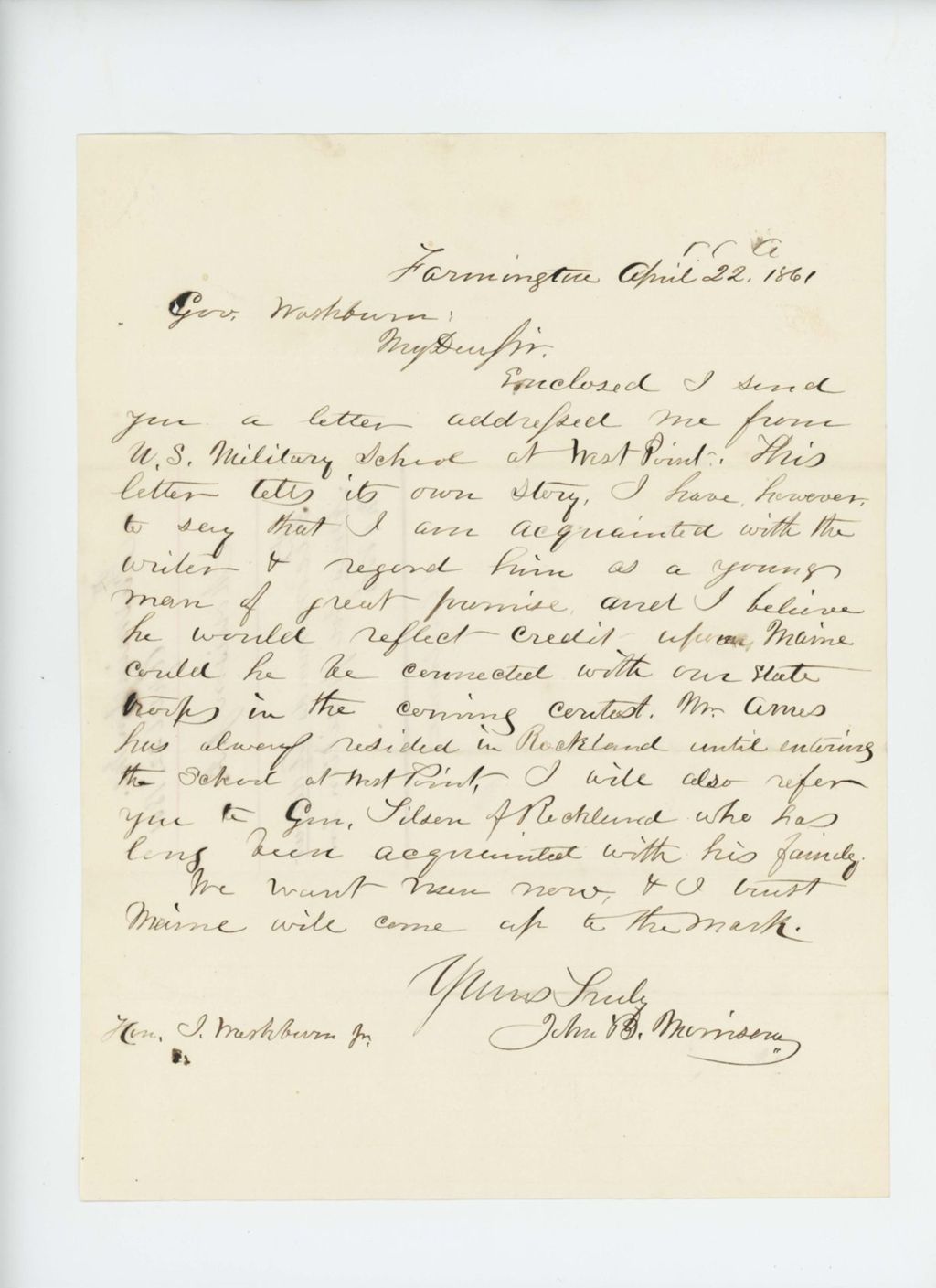 Miniature of John B. Morrison recommends Adelbert Ames for a position in the regiment