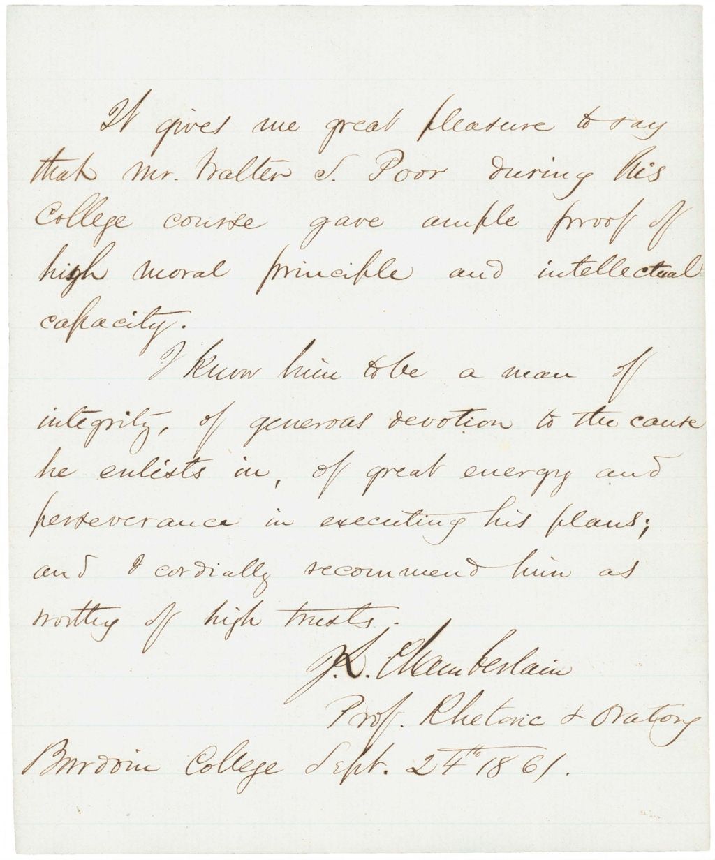Miniature of Joshua L. Chamberlain to Gov. Washburn recommending Walter Poor