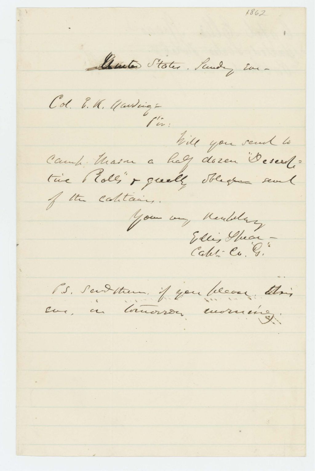 Miniature of Undated (circa 1862) -  Captain Ellis Spear requests descriptive rolls