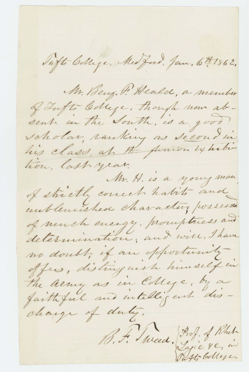 Miniature of Professor B.F. Tweed recommends Benjamin F. Heald for commission