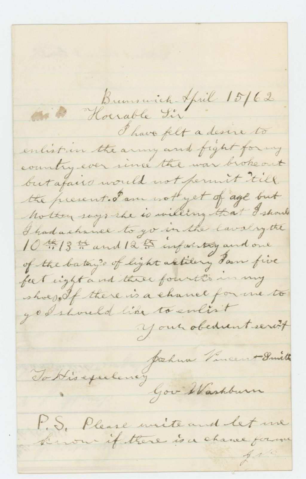 Miniature of Joshua Vincent Smith requests to enter service though he is not of age