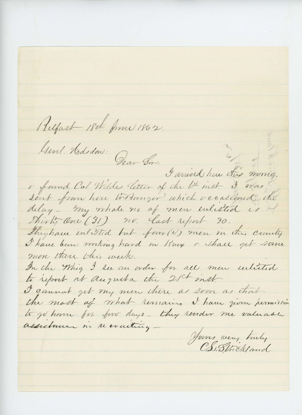 Miniature of Charles Strickland reports his recruiting efforts to Adjutant General Hodsdon