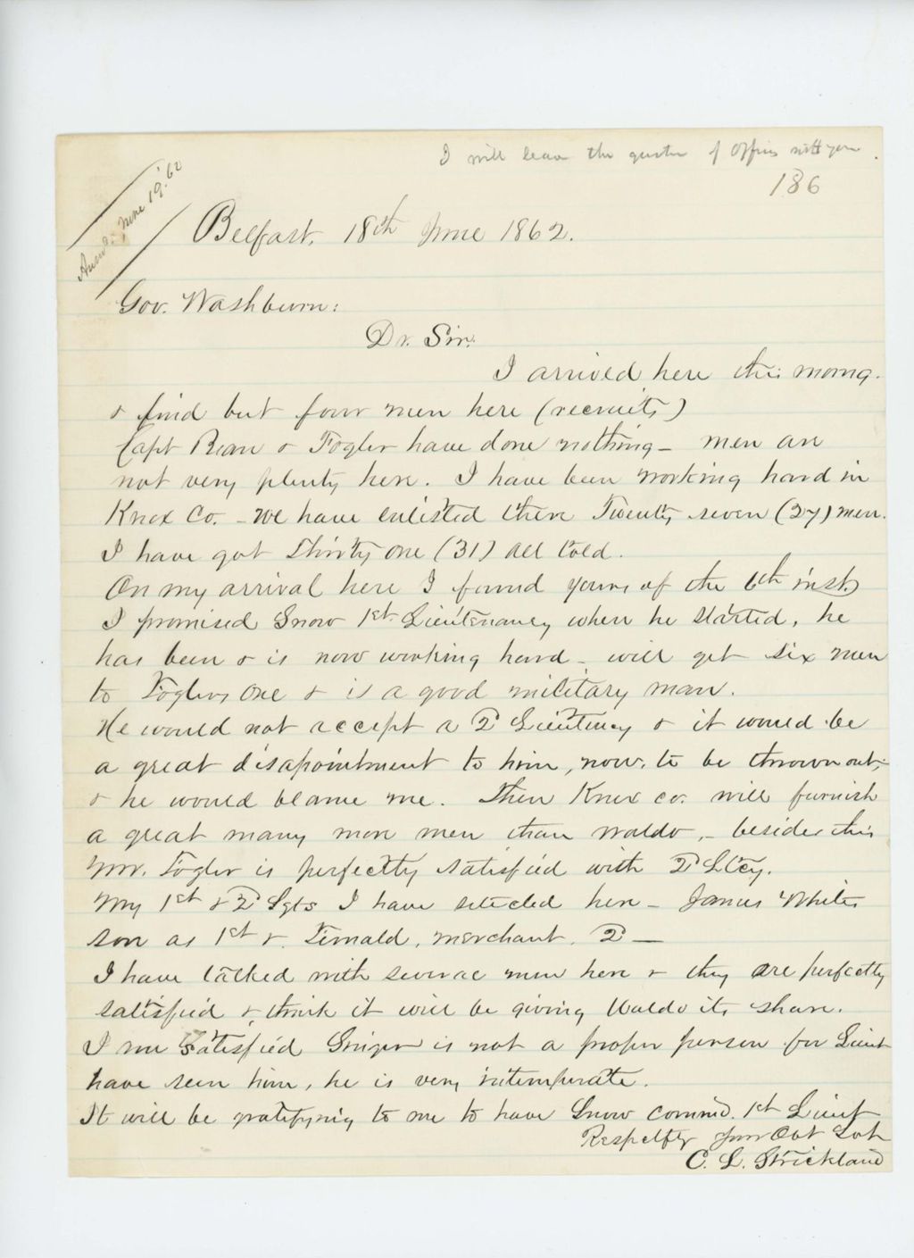 Miniature of Charles Strickland reports his recruiting efforts to Governor Washburn