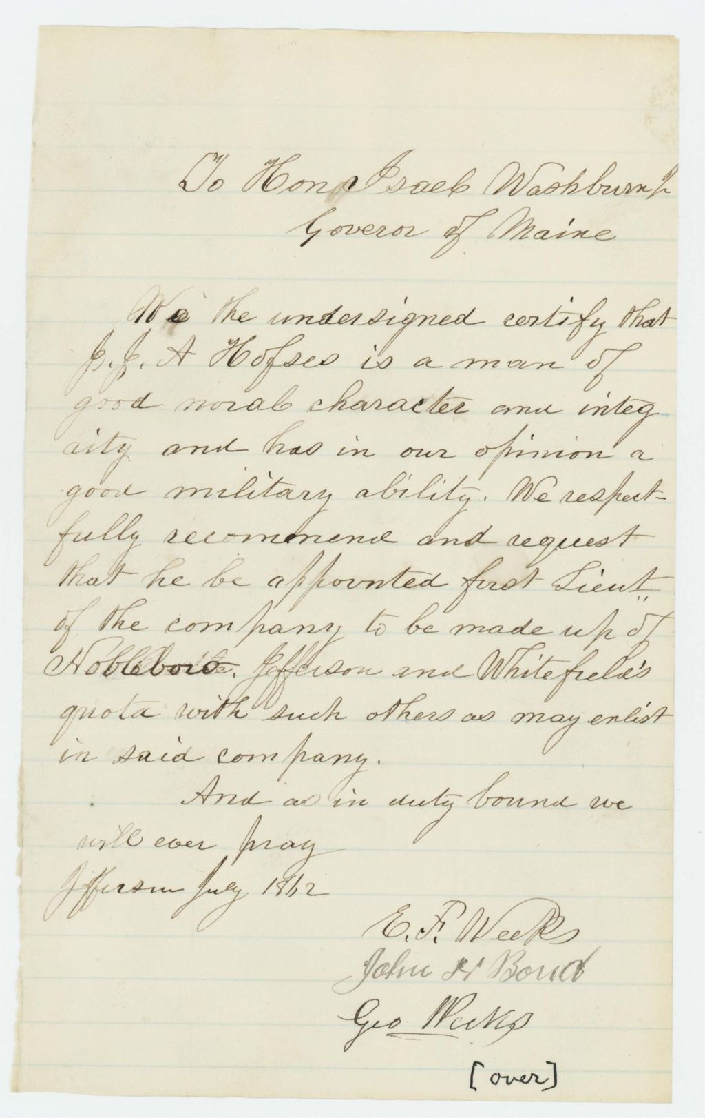 Miniature of E.F. Weeks and citizens of Jefferson recommend J.J.A. Hofses for position as Lieutenant
