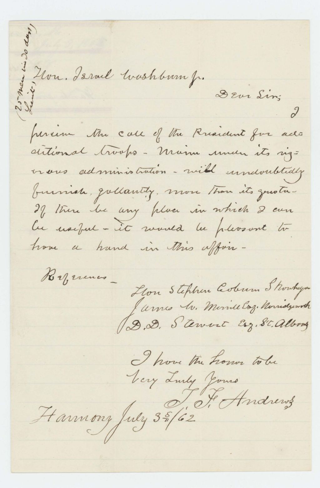 Miniature of T.F. Andrews requests a position in the regiment