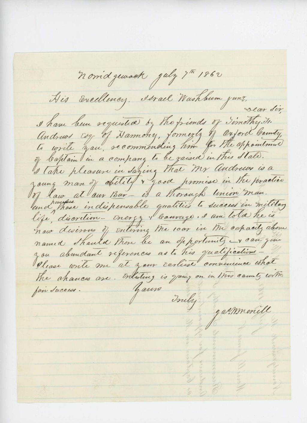 Miniature of James N. Merrill recommends Timothy F. Andrews for appointment as Captain