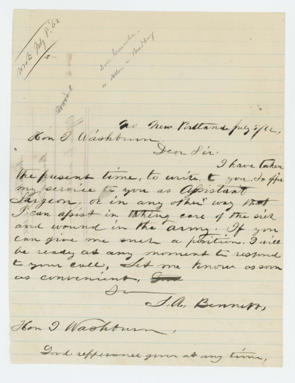 Miniature of S.A. Bennett offers his services as regimental surgeon