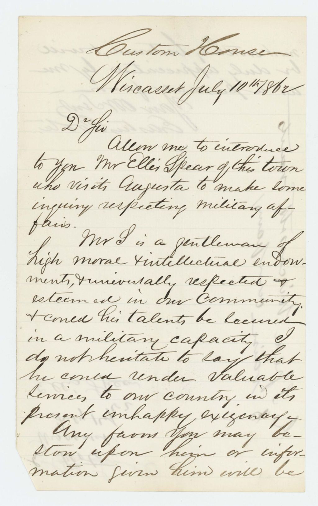 Miniature of Erastus Foote recommends Ellis Spear for position