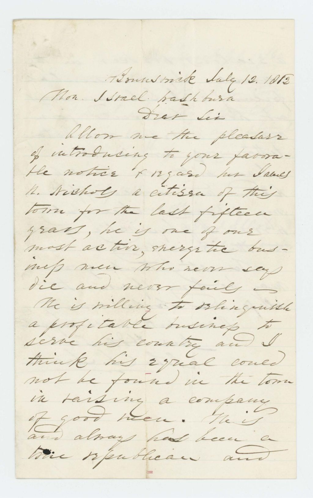 Miniature of John D. Lincoln and Daniel Elliot recommend James N. Nichols for position