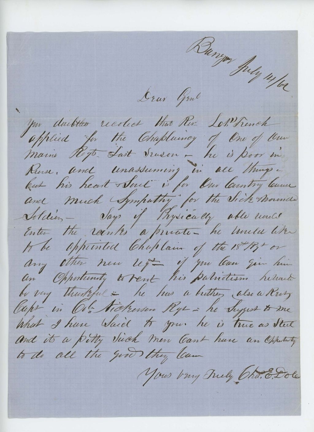 Miniature of Charles E. Dole recommends Reverend French for chaplain