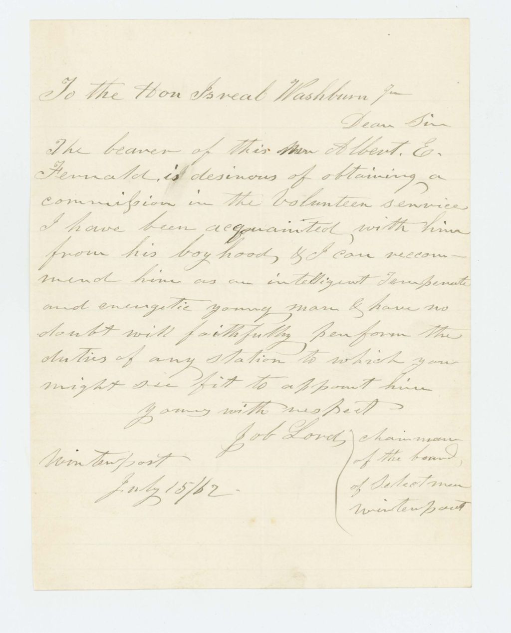 Miniature of Job Lord of Winterport recommends Albert E. Fernald for commission