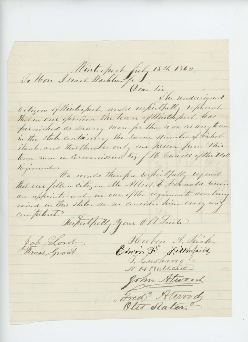 Miniature of Job Lord and others of Winterport recommends Albert E. Fernald for commission