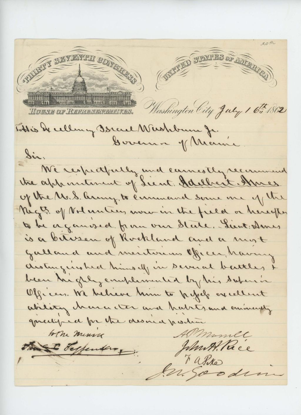 Miniature of John H. Rice and others request appointment of Lieutenant Adelbert Ames as commander of a regiment