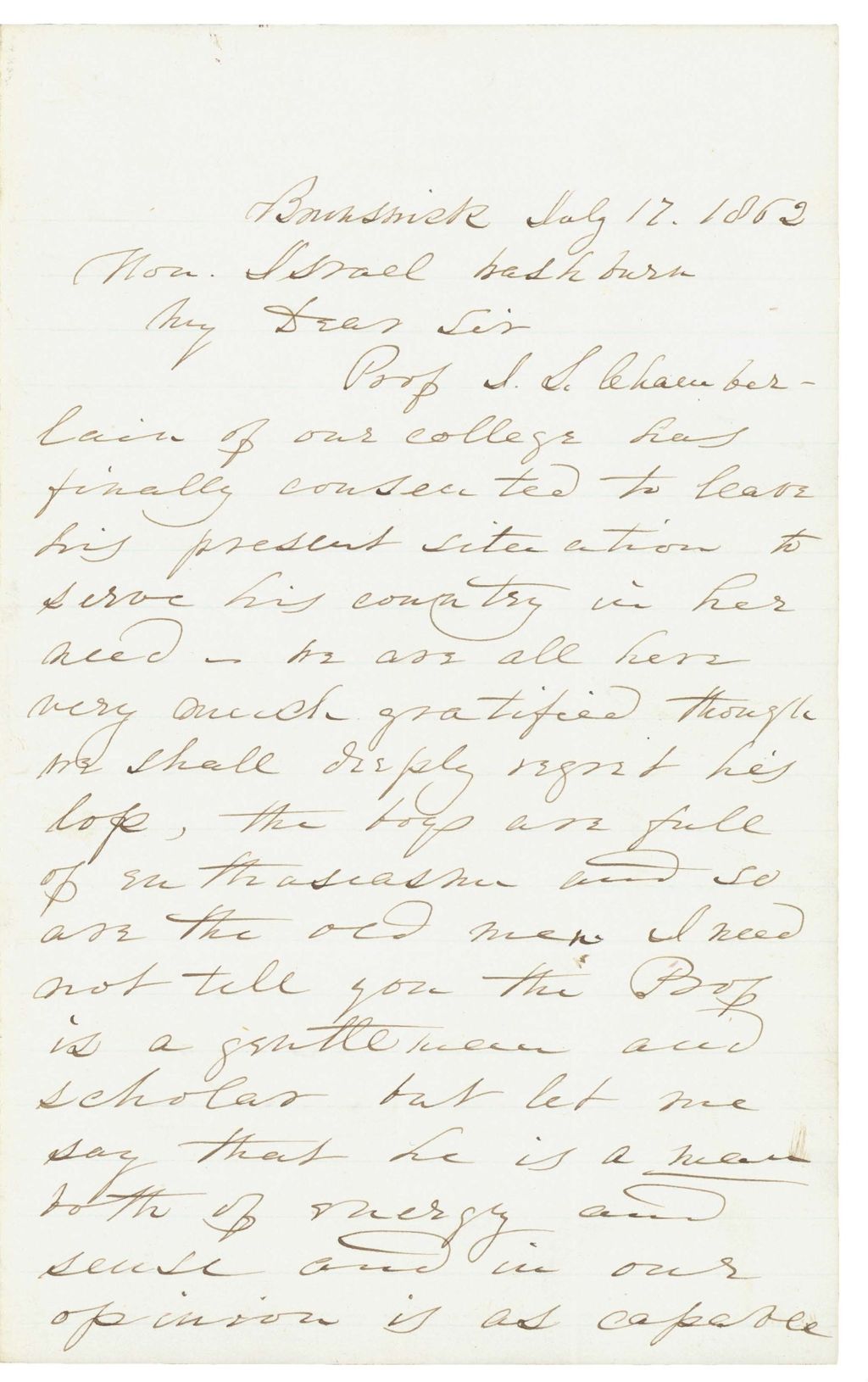Miniature of John D. Lincoln recommends Joshua Chamberlain to Governor Israel Washburn