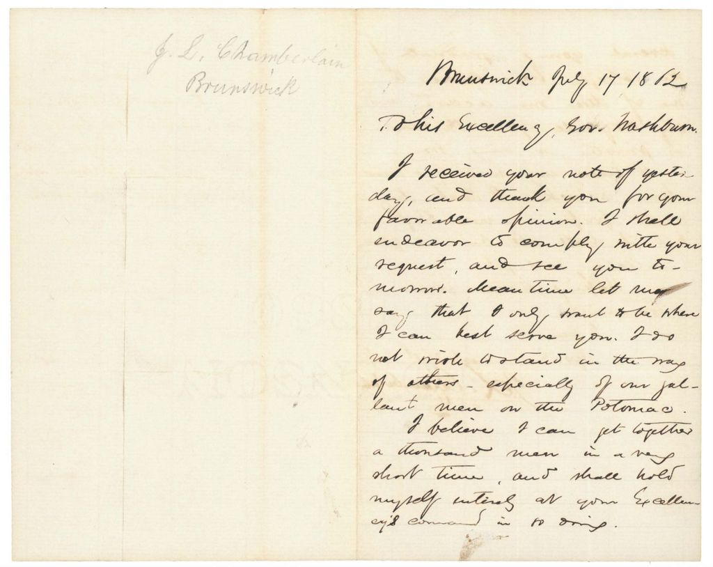 Miniature of Joshua Chamberlain acknowledges Governor Washburn's letter