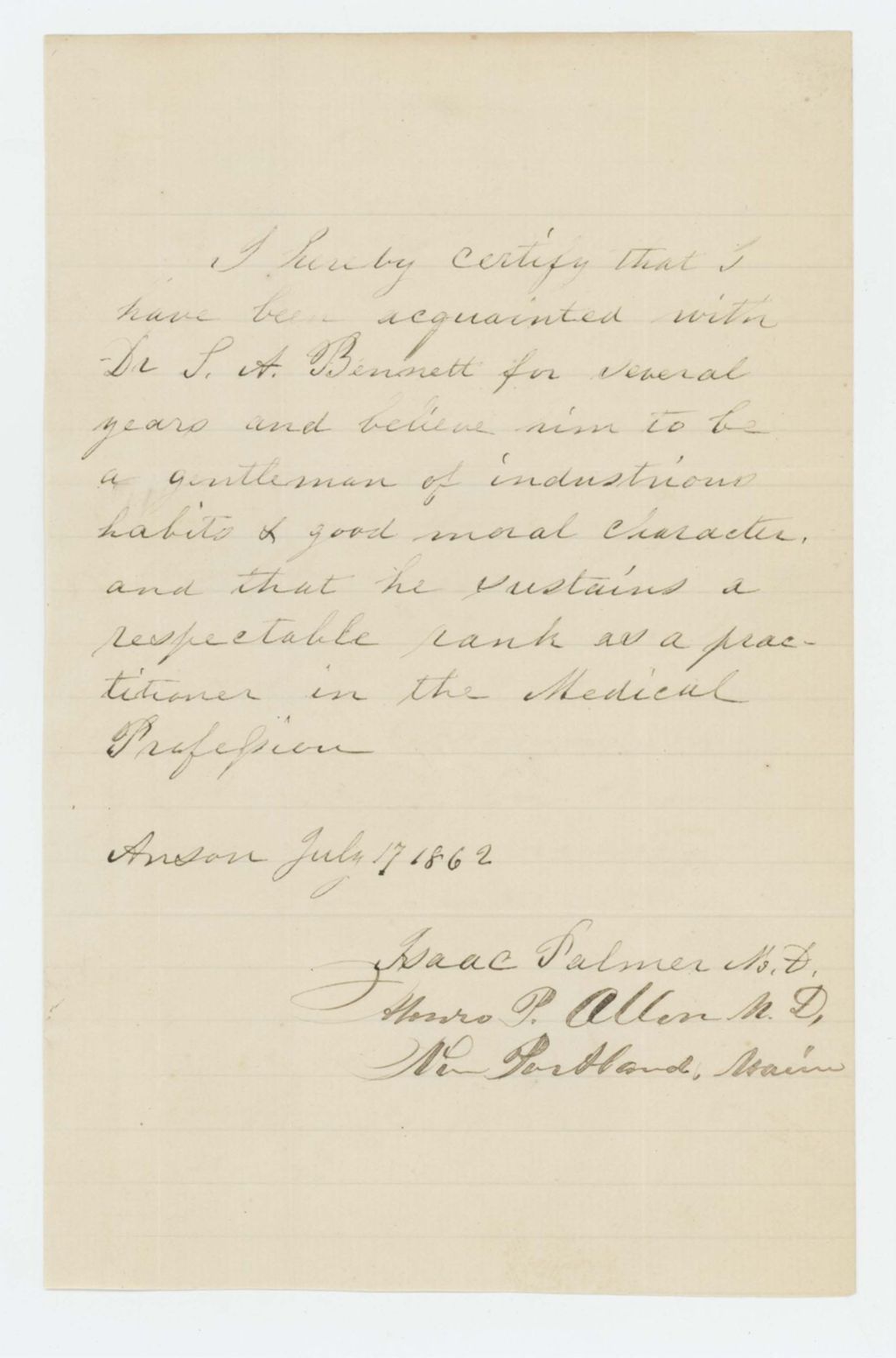 Miniature of Dr. Isaac Palmer and Dr. Allen recommend Dr. S.A. Bennett as surgeon