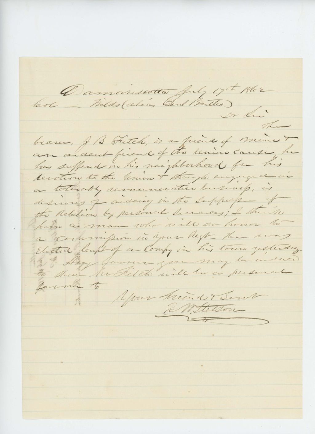 Miniature of E.W. Stetson recommends J.B. Fitch for promotion