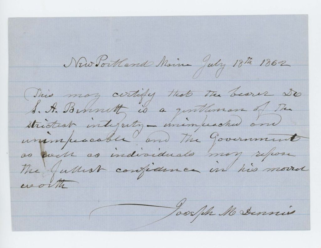 Miniature of Joseph Dennis recommends S.A. Bennett for a position