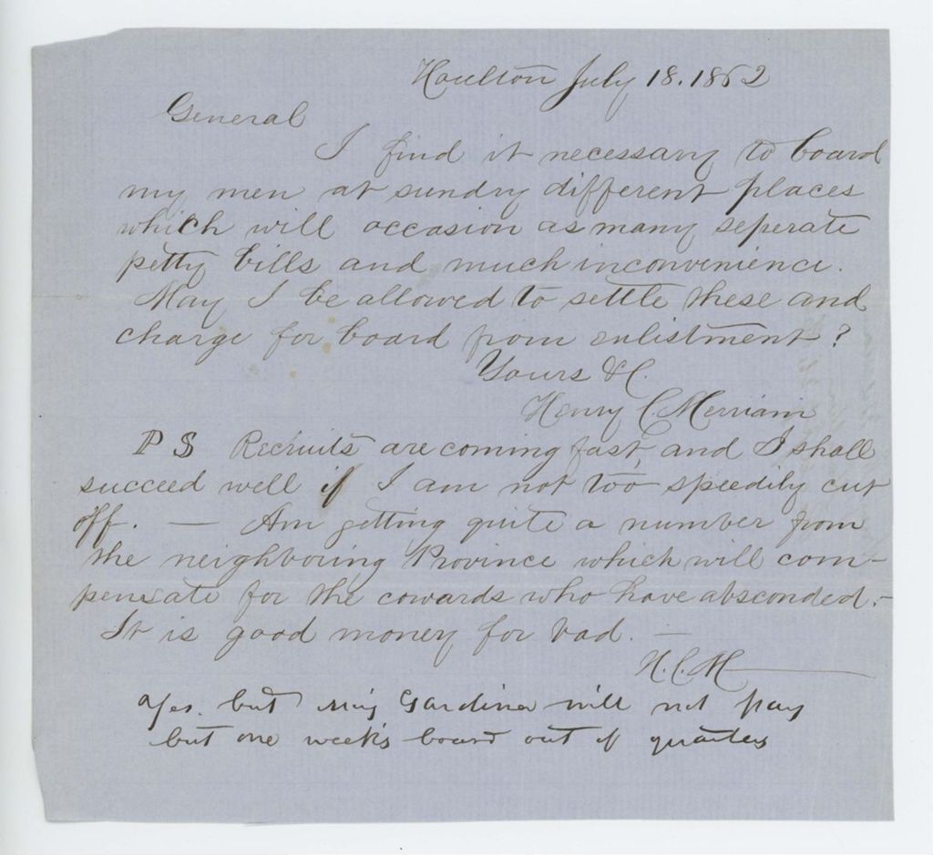 Miniature of Henry C. Merriam requests to settle bills for boarding recruits