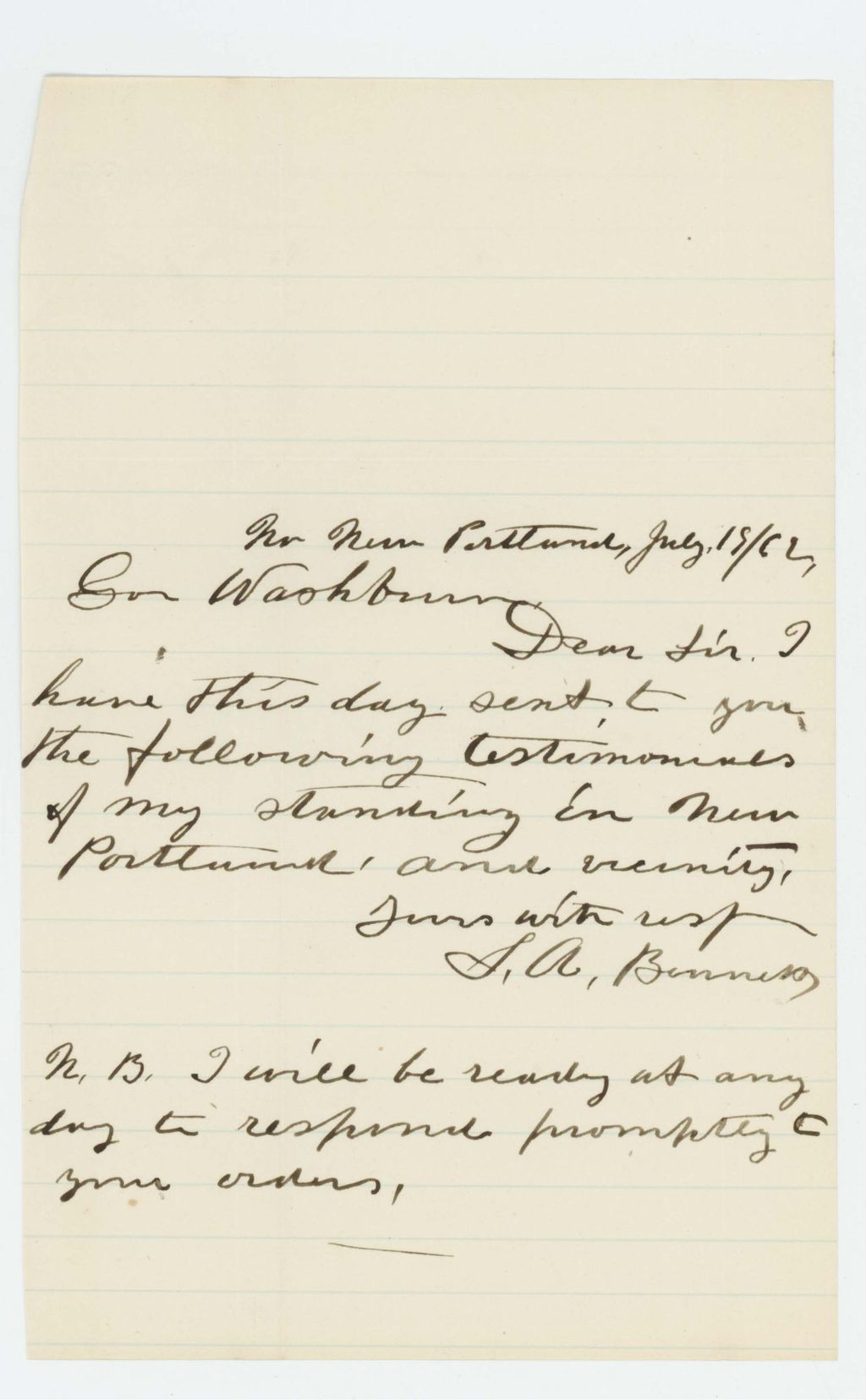 Miniature of S.A. Bennett writes to Governor Washburn