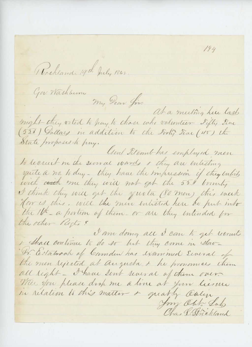 Miniature of Charles Strickland reports on recruiting efforts in Rockland
