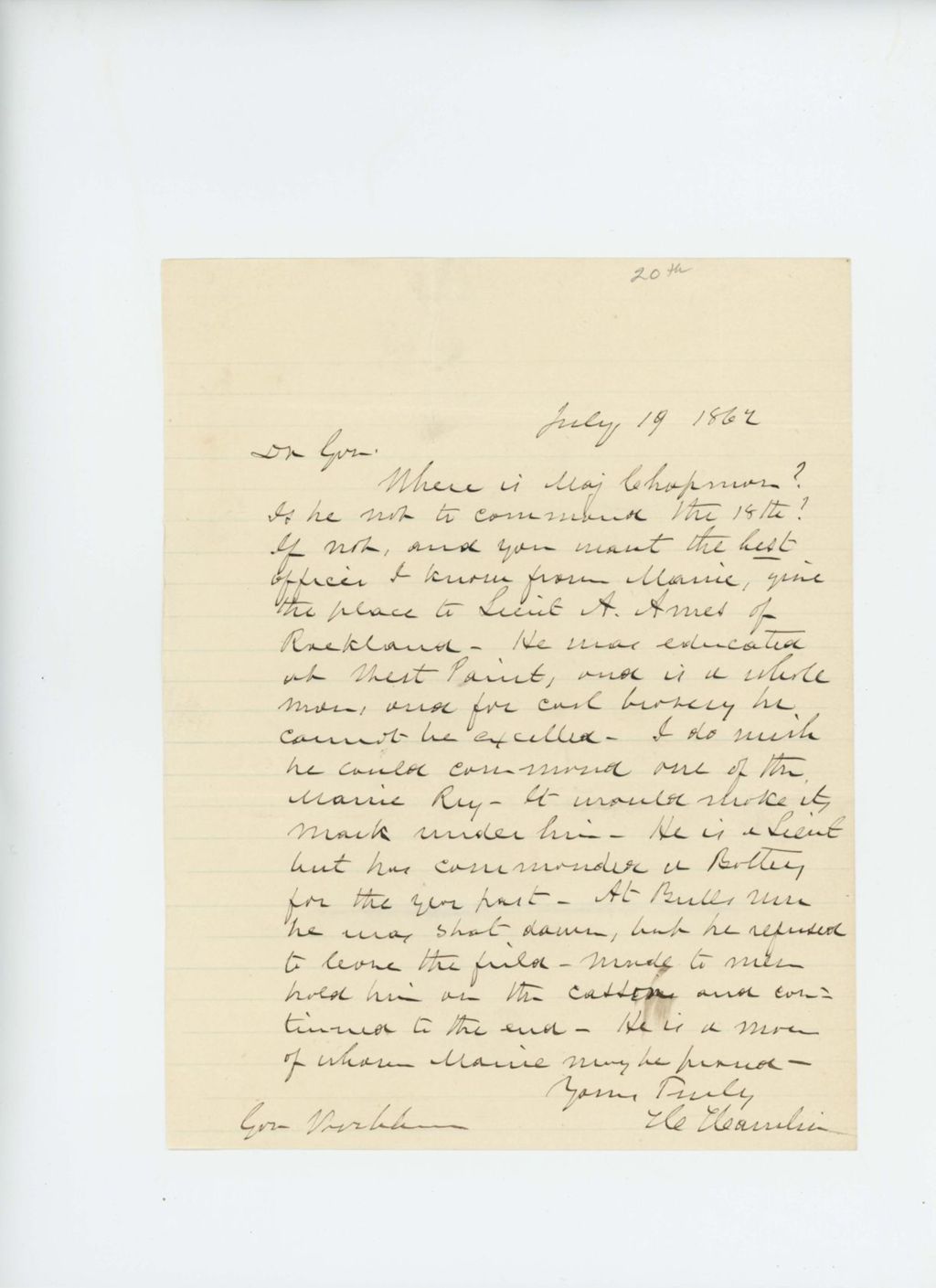 Miniature of Hannibal Hamlin recommends Major Chapman or Lieutenant Adelbert Ames as regimental commanders