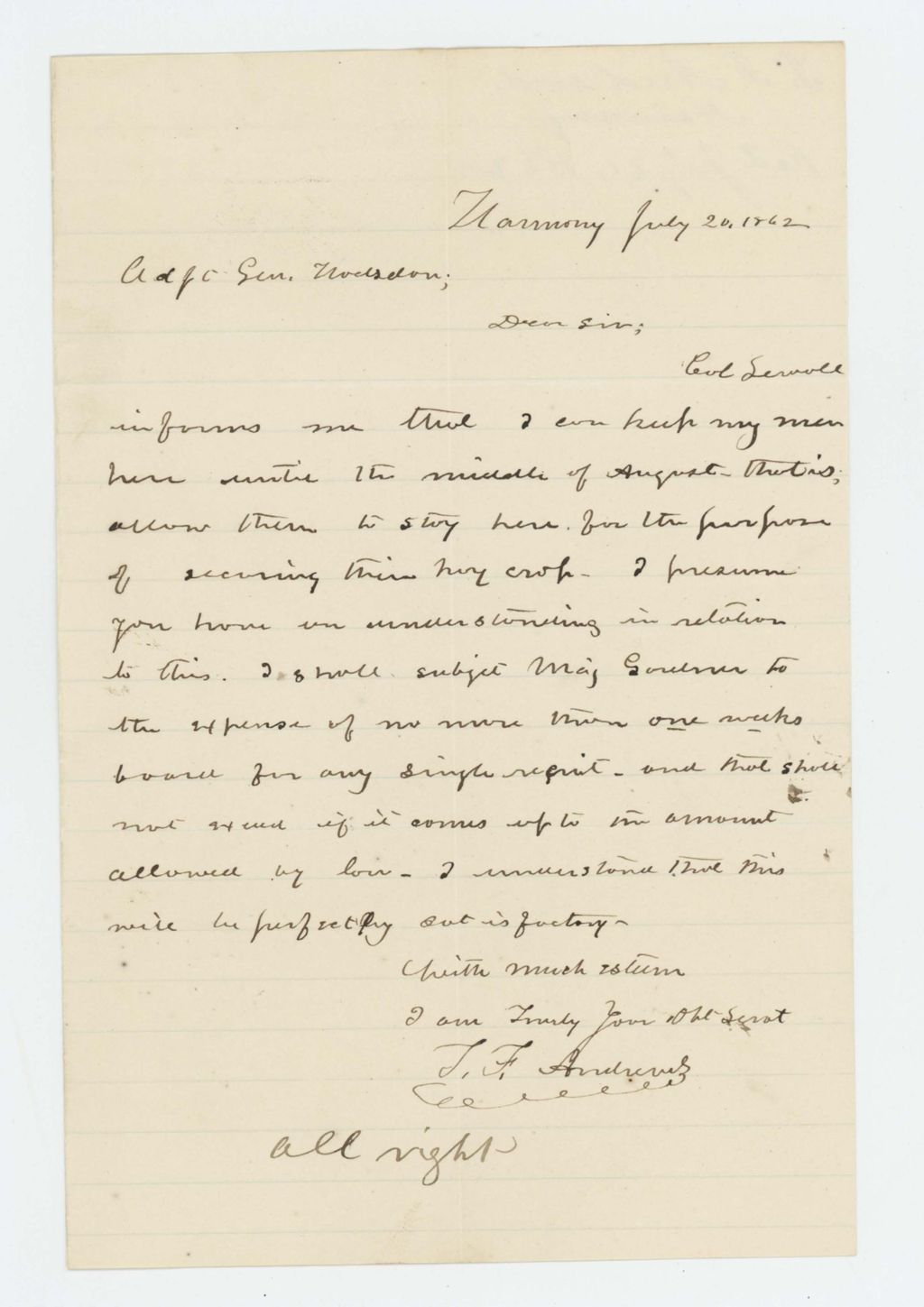 Miniature of T. F. Andrews inquires about boarding recruits in Augusta