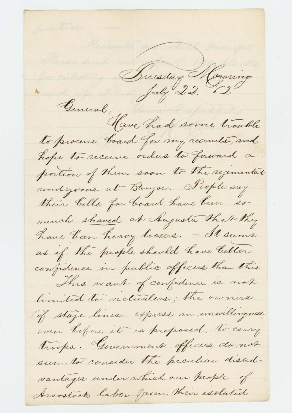 Miniature of Henry Merriam reports difficulty in finding lodging for recruits