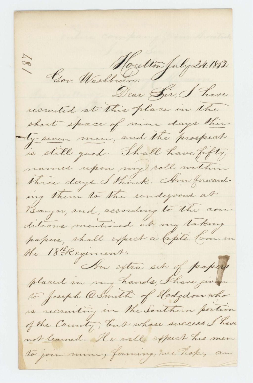 Miniature of Henry C. Merriam reports he has recruited 37 men and awaits his promised position as Captain