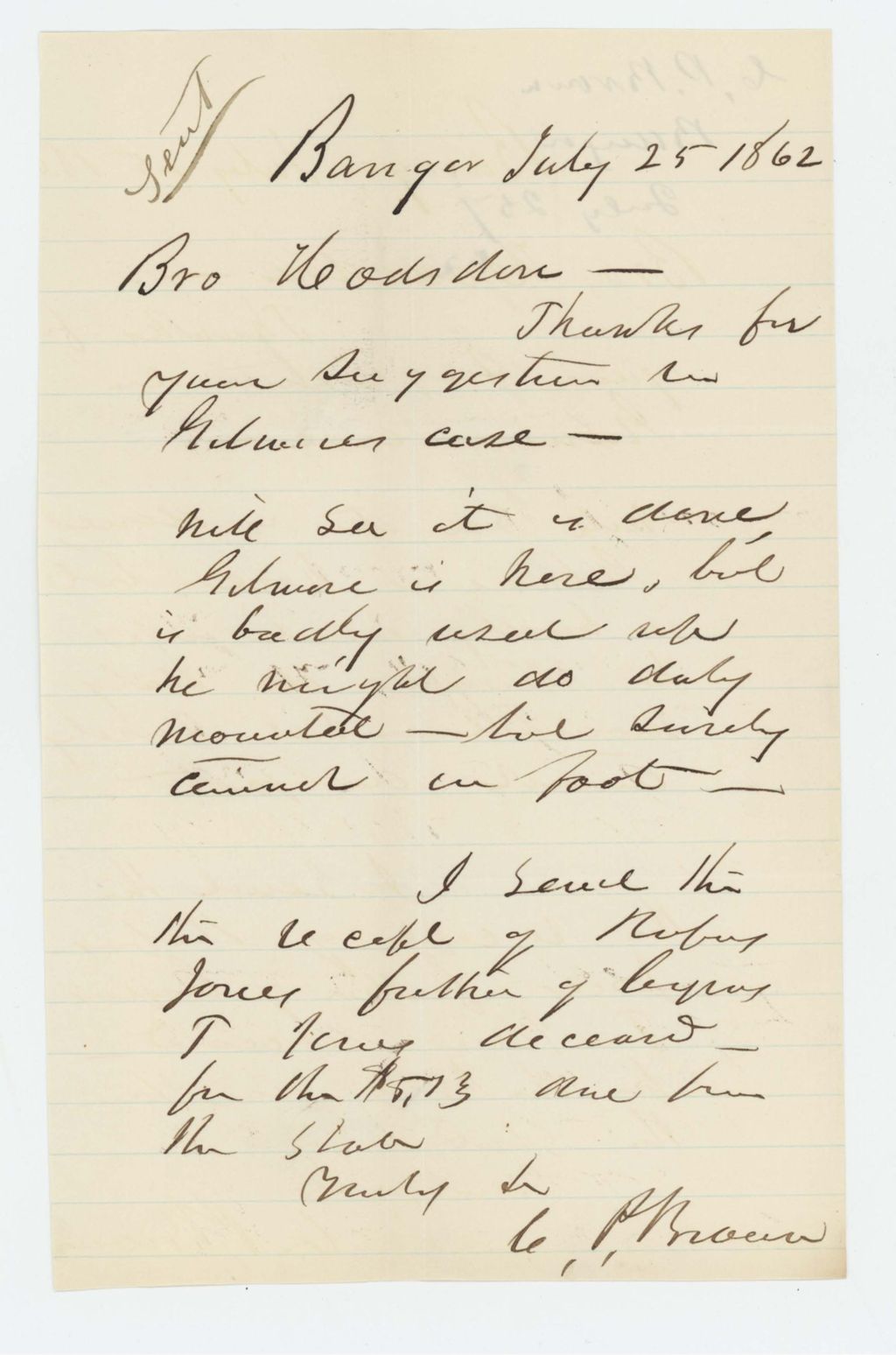 Miniature of Mr. Brown sends information about Mr. Gilmore and death of Cyrus T. Jones