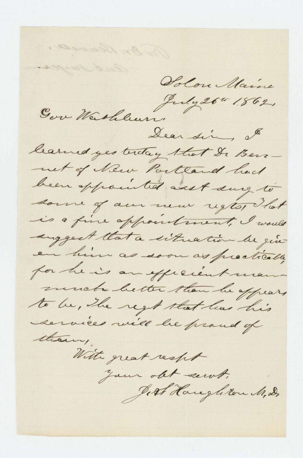 Miniature of Dr. Houghton writes to Governor Washburn approving appointment of Dr. Bennett as assistant surgeon