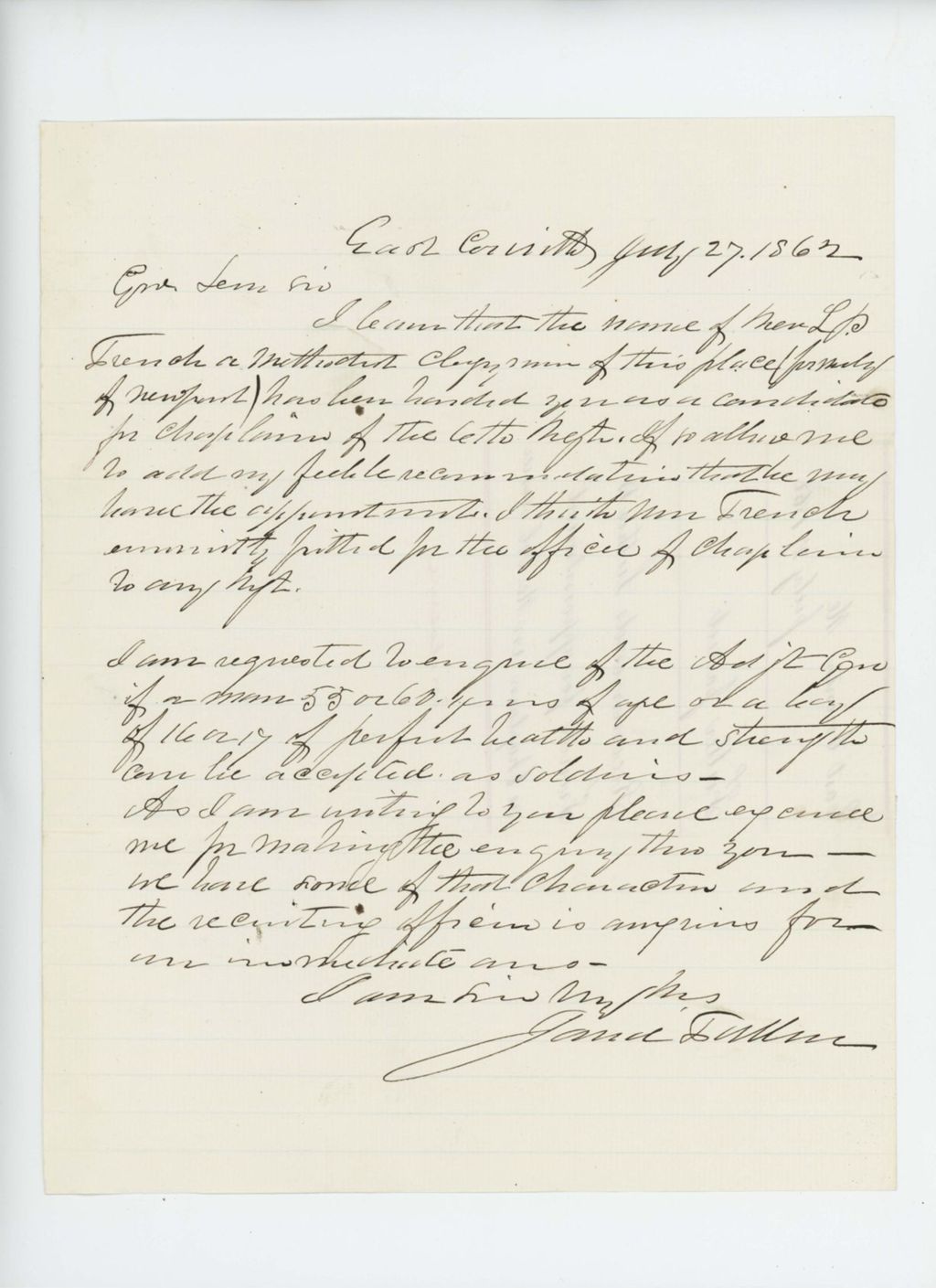 Miniature of Jarred Fuller recommends Luther B. French for appointment as chaplain