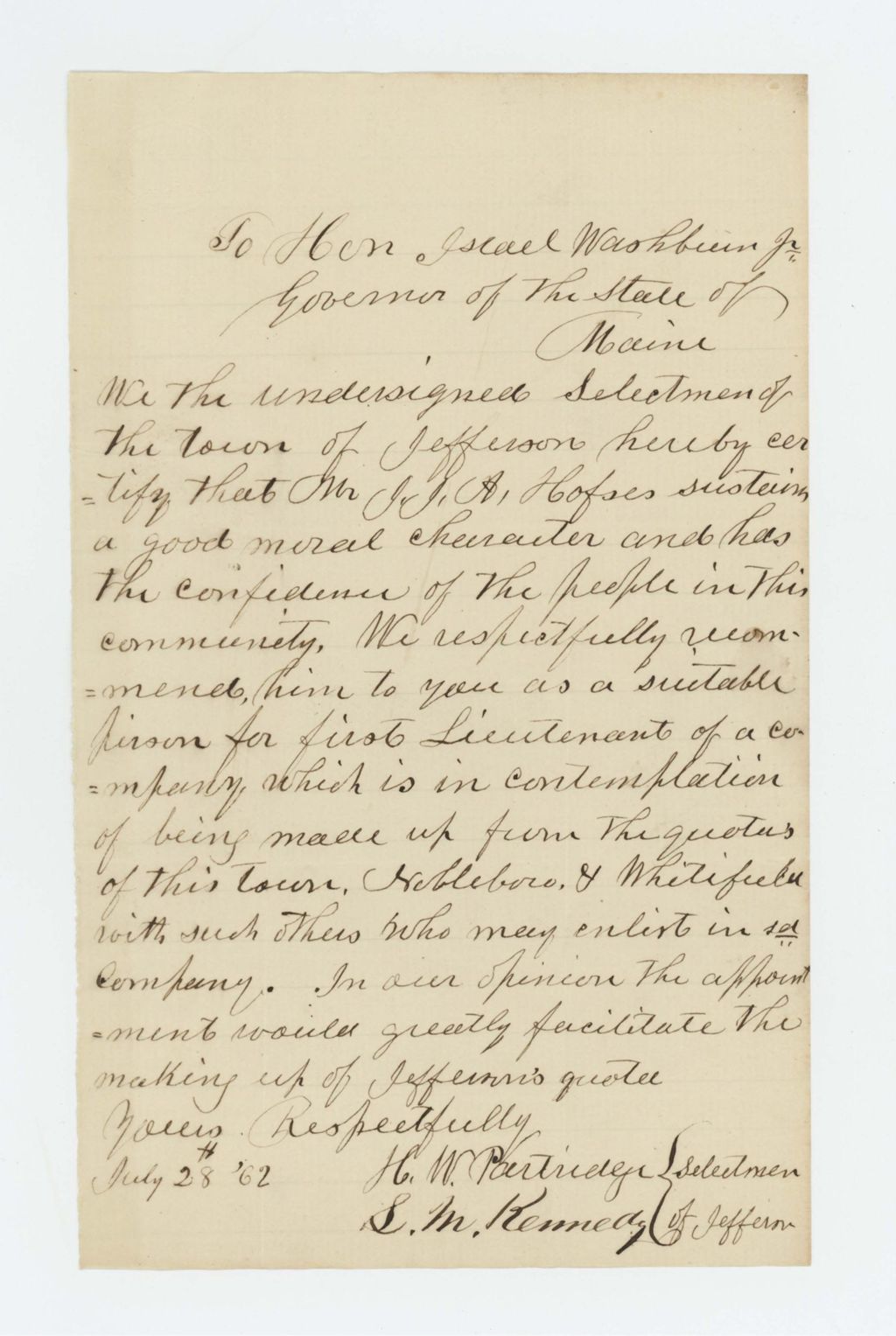 Miniature of H.W. Partridge and S.M. Kennedy of Jefferson recommend J. A. Hofses for Lieutenant