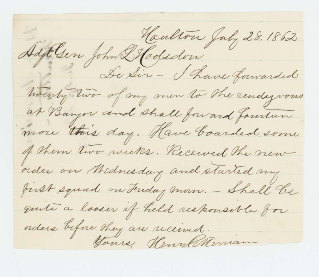 Miniature of Henry C. Merriam reports he has sent 22 recruits to the Bangor rendezvous
