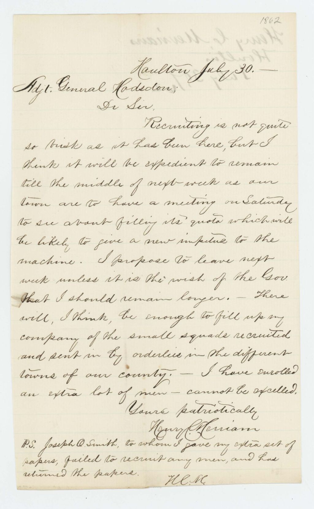 Miniature of Henry C. Merriam reports on recruitment progress
