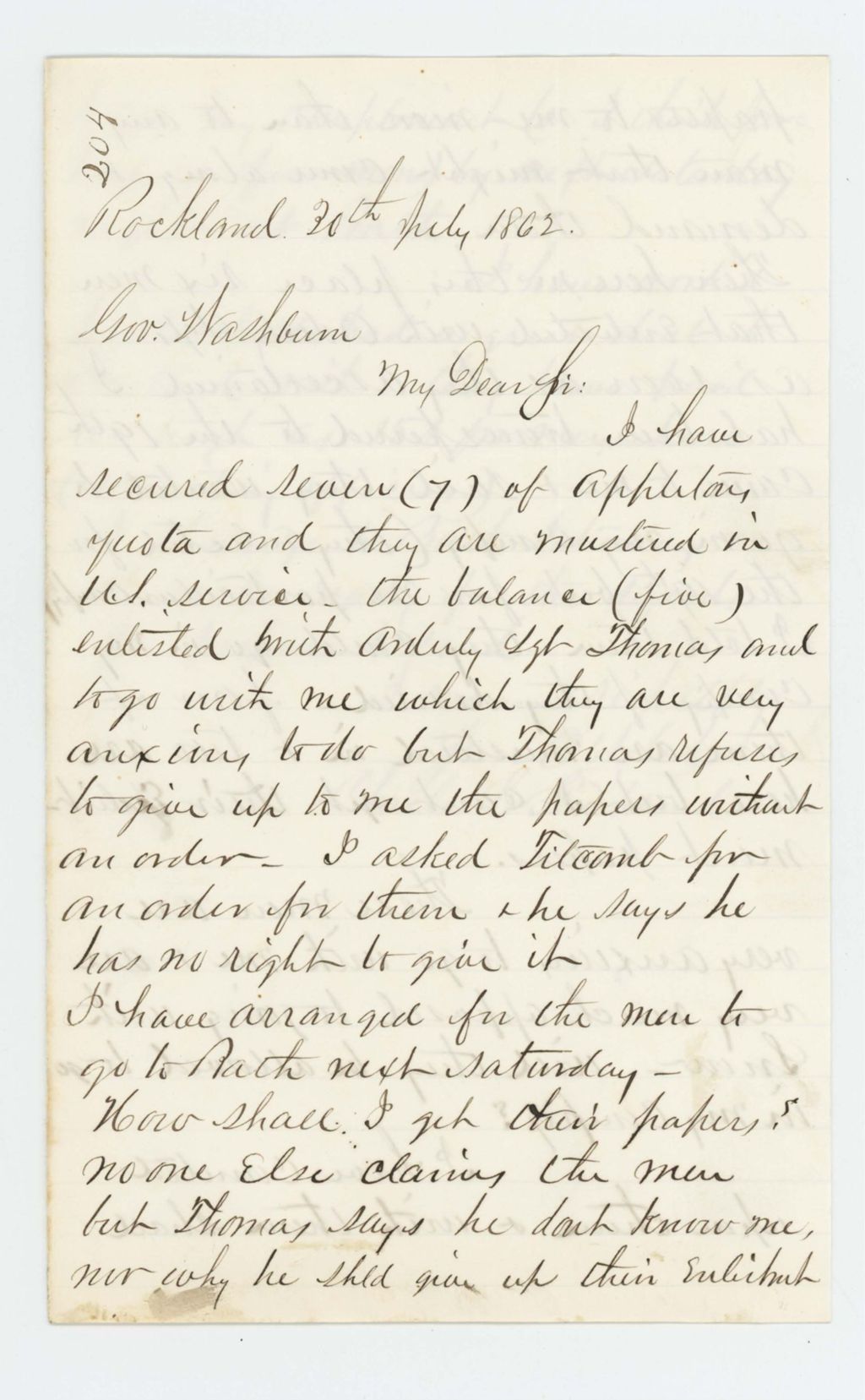 Miniature of Charles Strickland informs Governor Washburn that he has mustered the quota for Appleton