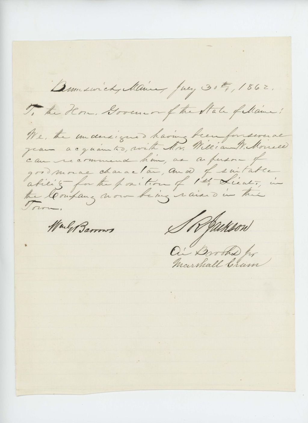 Miniature of S.R. Jackson and others recommend William Morrell for lieutenant